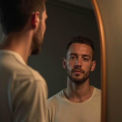 Homme calme et serein observant son reflet dans un miroir, symbole du processus introspectif en Trans-Analyse.